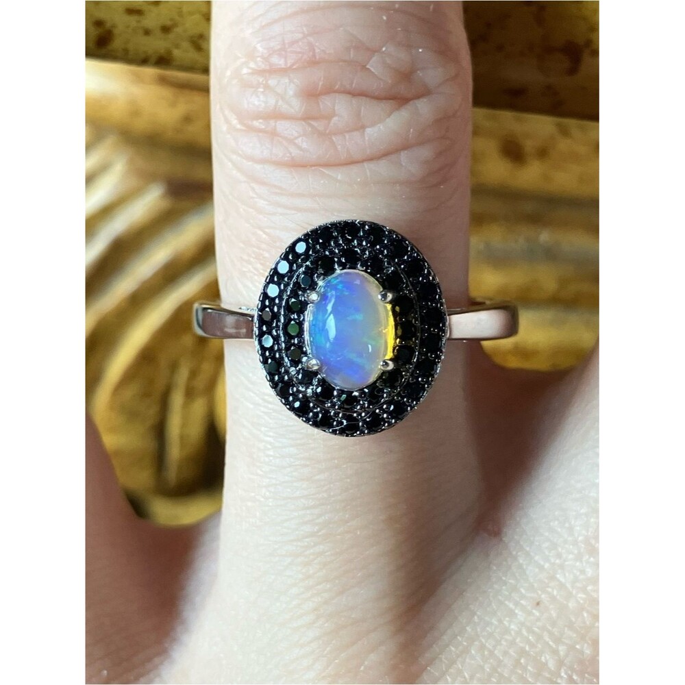 Natural Ethiopian Opal Black Spinel Sterling Silver Ring Size 8